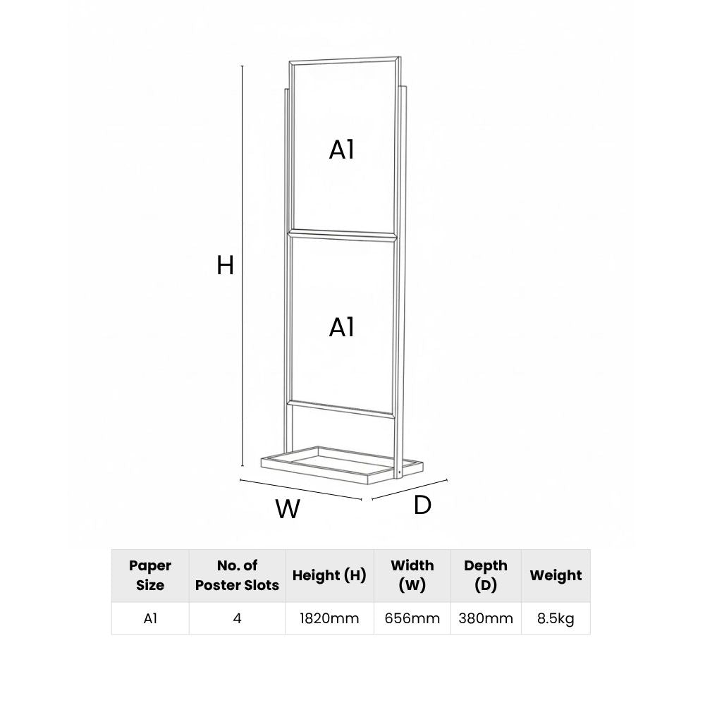Technical diagram of freestanding poster stand with four A1 slots, showing labelled height, width, depth, and weight for multi-panel display use.