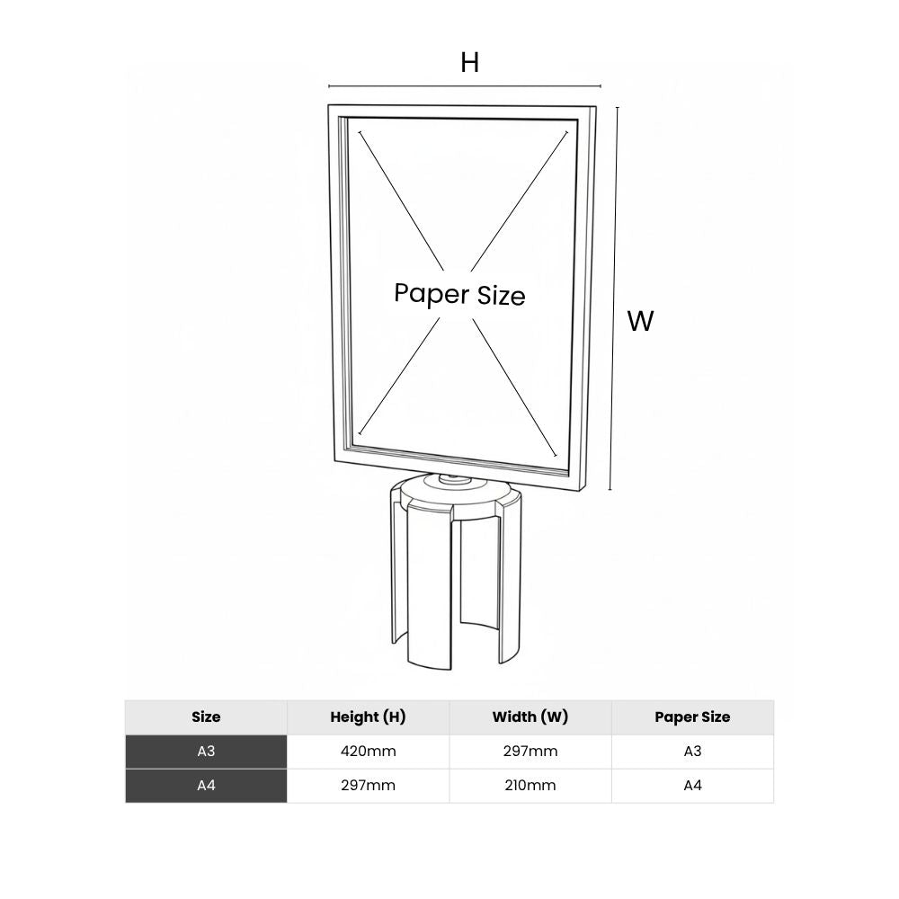 Technical diagram showing A3 and A4 paper dimensions for portrait signage holders on retractable barriers.