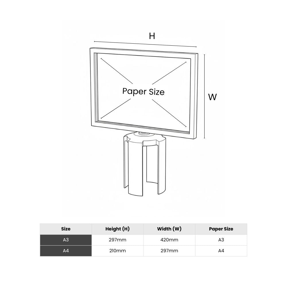 Diagram showing A3 and A4 paper dimensions for signage holders mounted on retractable queue barriers.