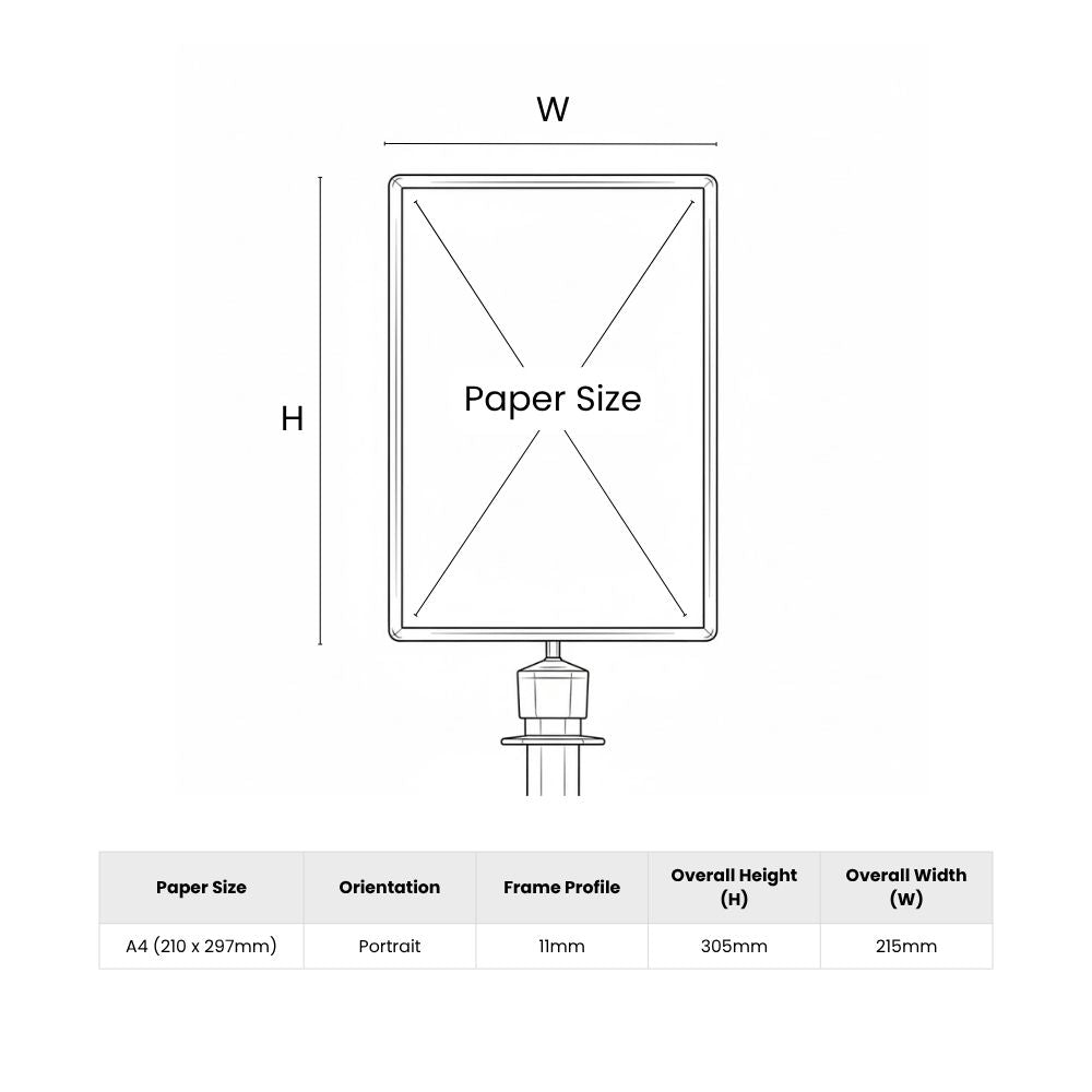 Technical diagram of A4 portrait sign holder with labelled height, width, and frame profile for signage planning and compatibility checks.
