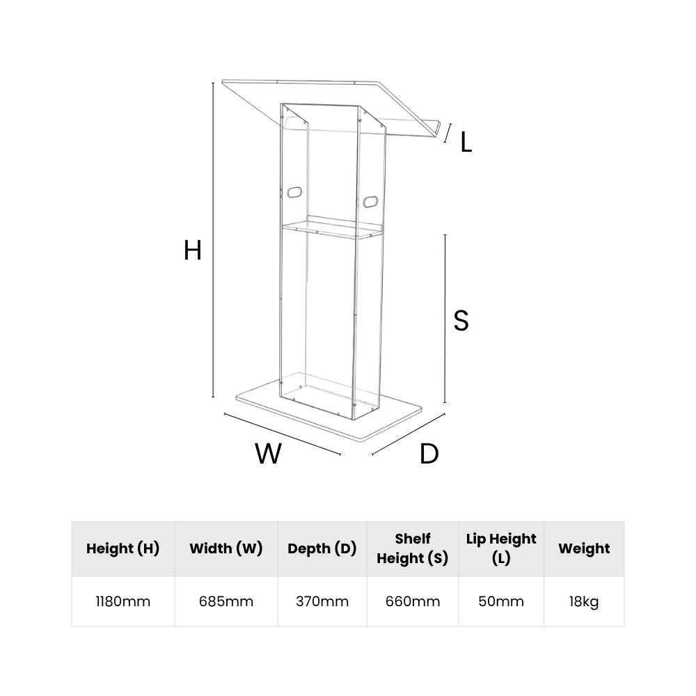 Line diagram of podium with labelled dimensions including shelf and lip height, plus weight data for setup and transport planning.