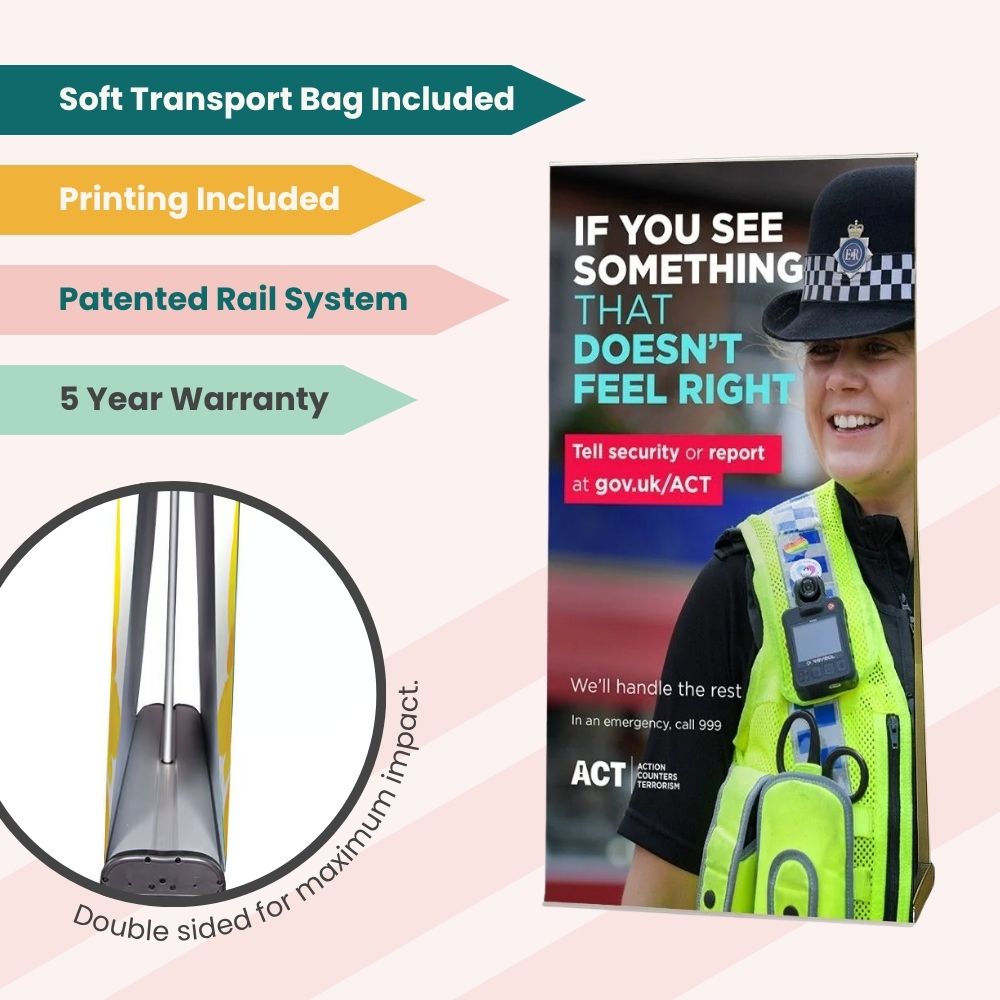 ACT promotional banner featuring police officer and public safety message for counter-terrorism awareness.