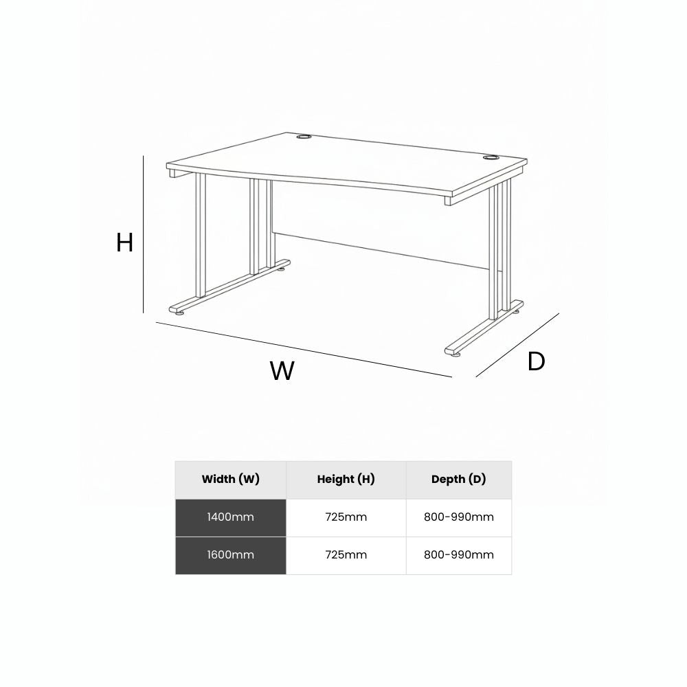 Technical diagram of a wide office desk showing adjustable depth measurements, fixed height and available width options for office planning and space optimisation