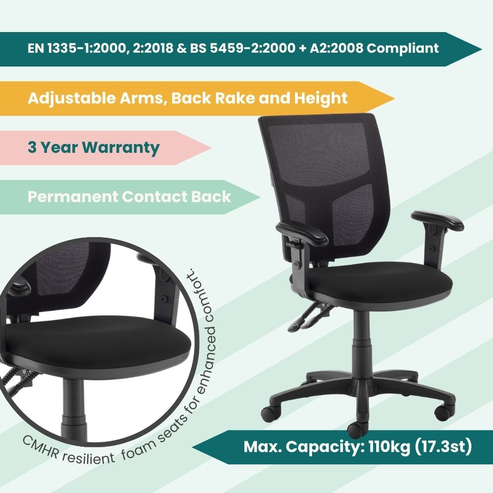 2-Lever Mesh Task Chair with Adjustable Arms (EN 1335 Certified)
