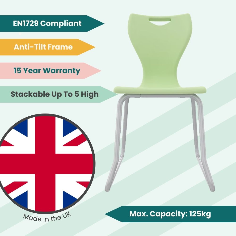 Ergonomic green school chair for ages 14 plus, featuring a sled-style metal base that distributes weight evenly to prevent floor marking and tilting.