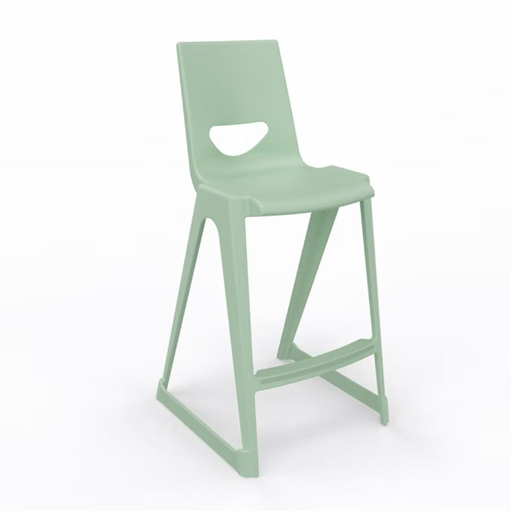 A vibrant apple green high back stool with a 610mm seat height, featuring a specialized anti-tilt base and an integrated structural footrest for secondary school science labs.