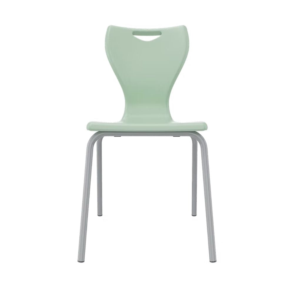 Modern green plastic classroom chair with ergonomic backrest and silver metal legs. Designed for durability, easy handling, and stacking in school or office settings.