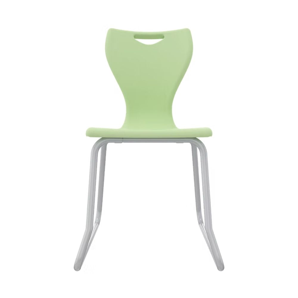 Size 6 apple green student chair with a continuous steel skid-base frame designed for stability and easy movement on carpeted classroom floors.