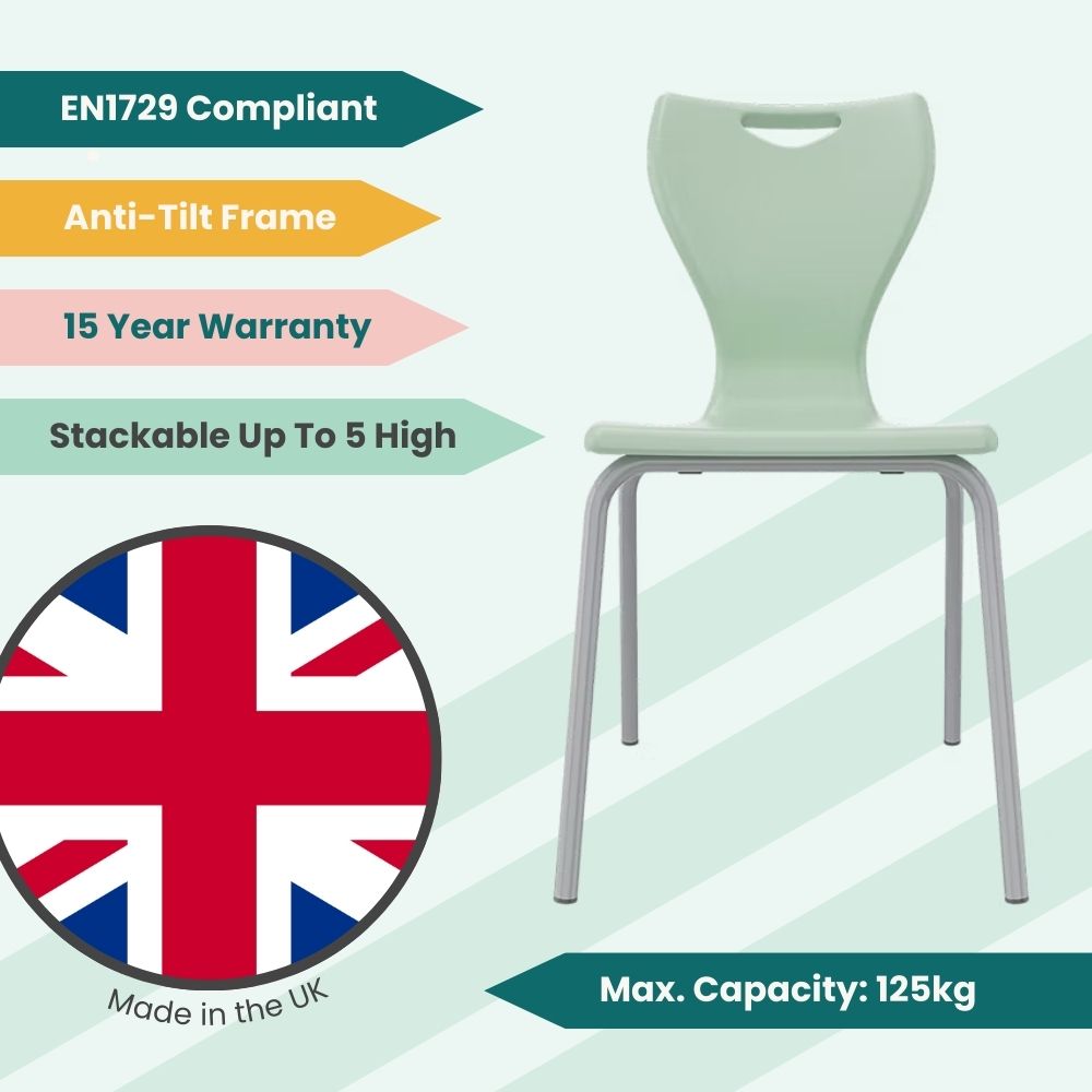 Promotional image of a green classroom chair with anti-tilt frame, EN1729 compliance, 15-year warranty, and stackable design. UK-made with 125kg max capacity, suitable for educational environments.
