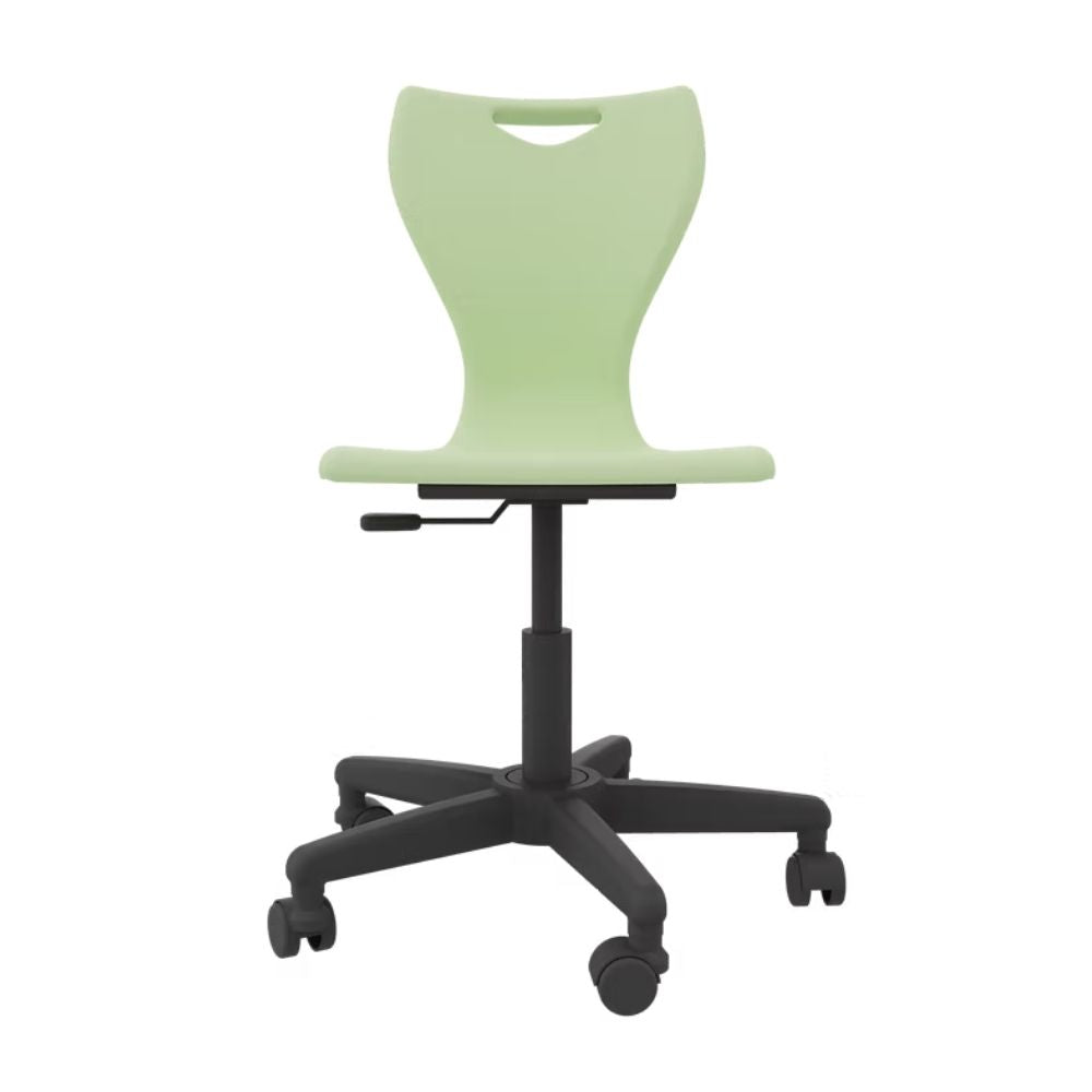 An apple green ergonomic computer chair featuring a rotating gas lift for height adjustment and a five-star castor base for high mobility in school ICT suites.