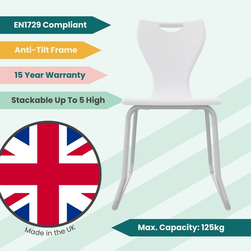 Arctic white Size 6 educational seat with a reinforced anti-tilt sled frame and integrated carry handle, ideal for university labs and modern sixth form centers.