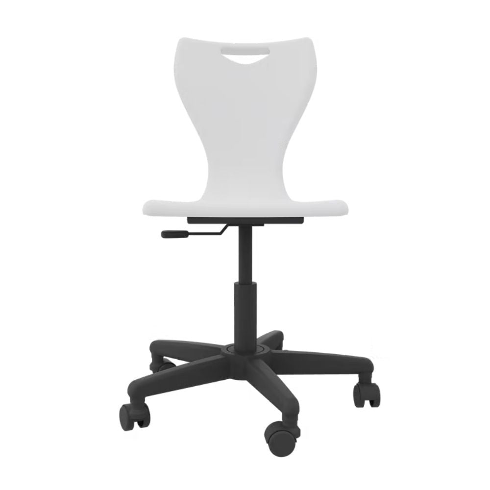 A minimalist arctic-white task chair featuring a height-adjustable spindle and a navigable five-star chassis with castors for mobile learning environments.