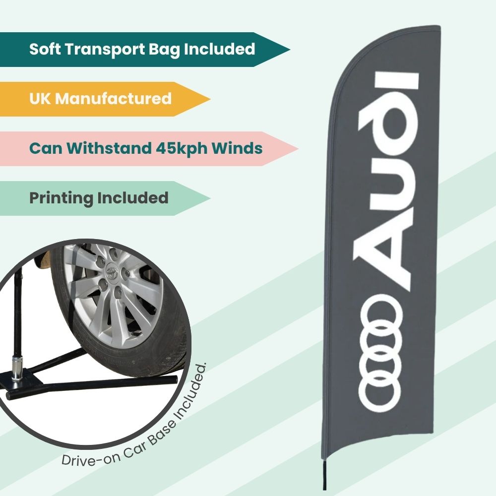 Audi feather flag with vertical white logo and drive-on base, displayed with feature tags for UK production, wind resistance, and transport.