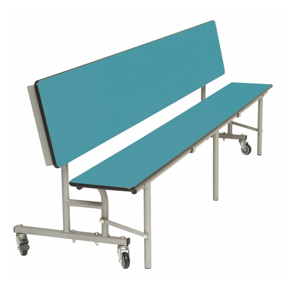 Azure blue folding canteen bench with backrest and wheels, colourful seating solution for school and workplace dining spaces