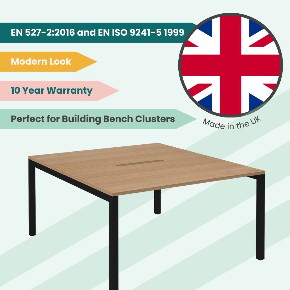 UK-made square bench desk with a central cable access slot, black frame, and wooden top, ideal for modern bench cluster configurations and backed by a 10-year warranty, compliant with EN standards.