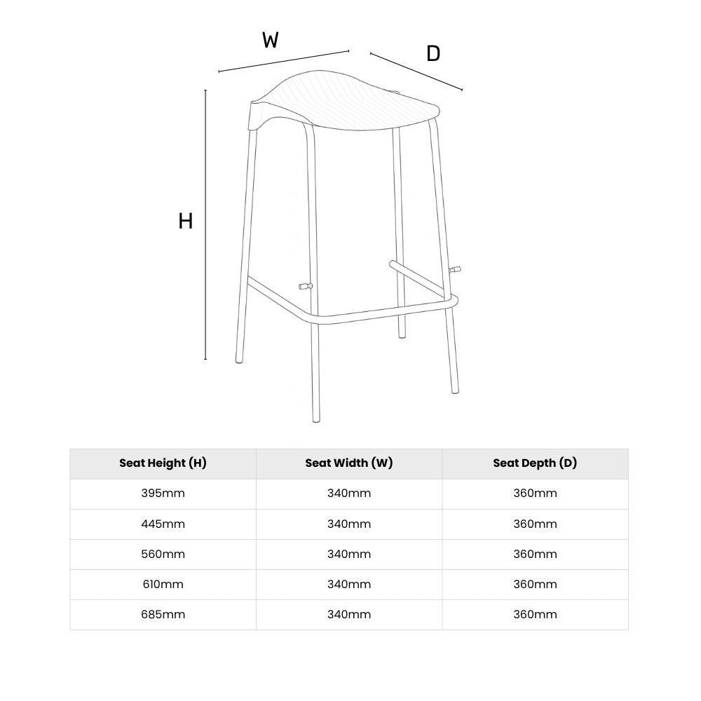 Technical diagram showing bar stool dimensions with seat height options from 395mm to 685mm, plus consistent seat width and depth.