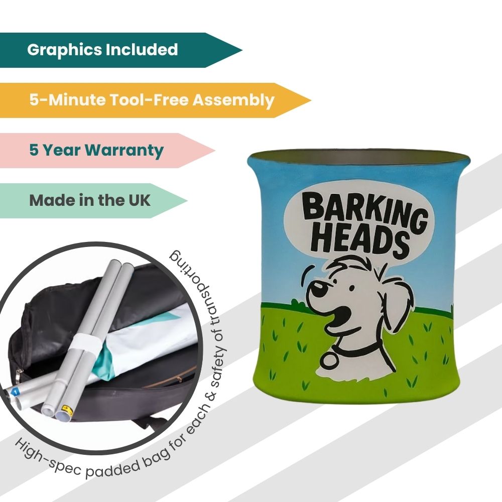 Freestanding Barking Heads display with branded wrap and padded bag, built for fast promotional setup.