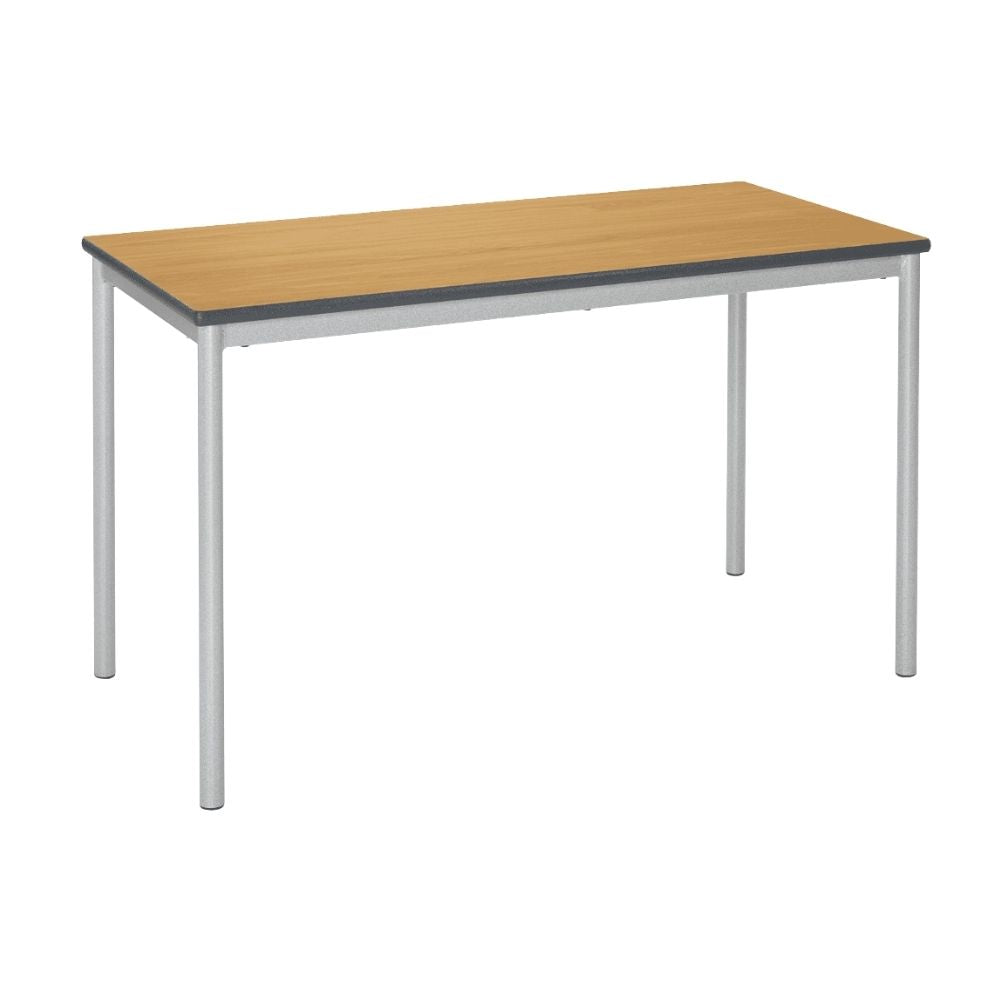 Beech-effect rectangular classroom table with silver metal legs and a dark grey duraform PU edge, photographed on a white background.