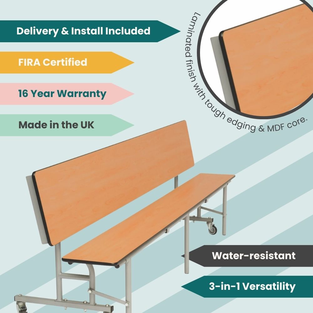 Beech finish folding canteen bench showing laminated finish, UK made, FIRA certified, and 16-year warranty features.