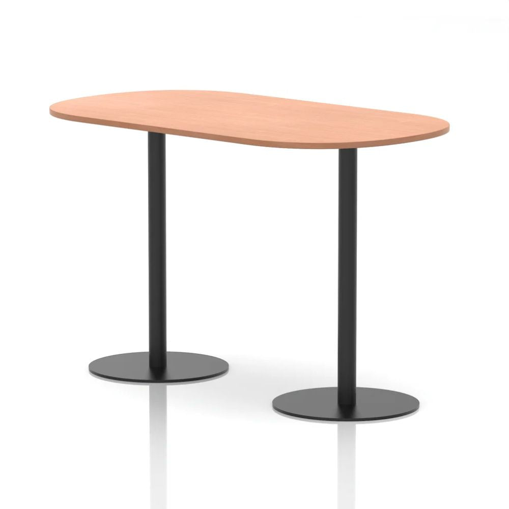 Modern beech organic shaped meeting table with two black round pedestal bases in a minimalist studio setting.
