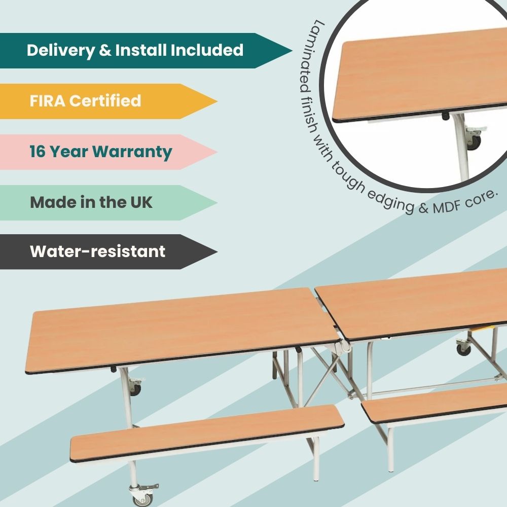 Beech finish rectangular canteen table with benches, water-resistant and easy to clean for school use.