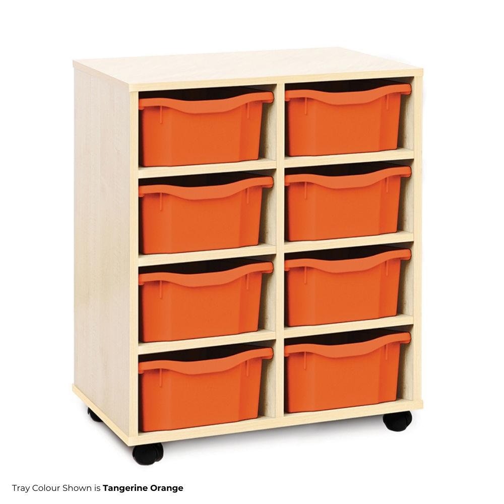 Light beech wooden storage unit on wheels containing eight vibrant tangerine orange trays, organised in a two-by-four layout.