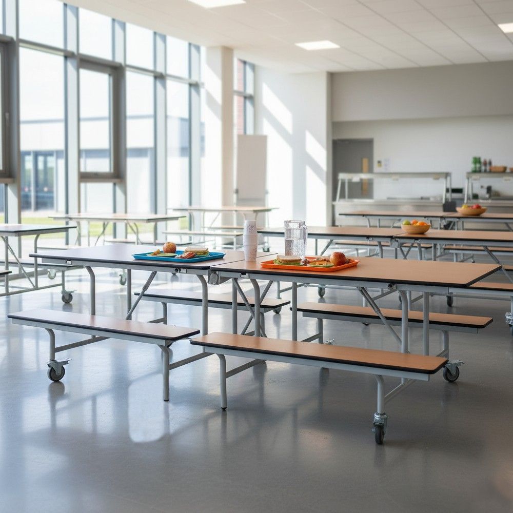 Beech wood-effect laminated folding canteen tables with integrated benches in a bright school dining hall, pre-set with colourful trays and natural light from full-height windows.