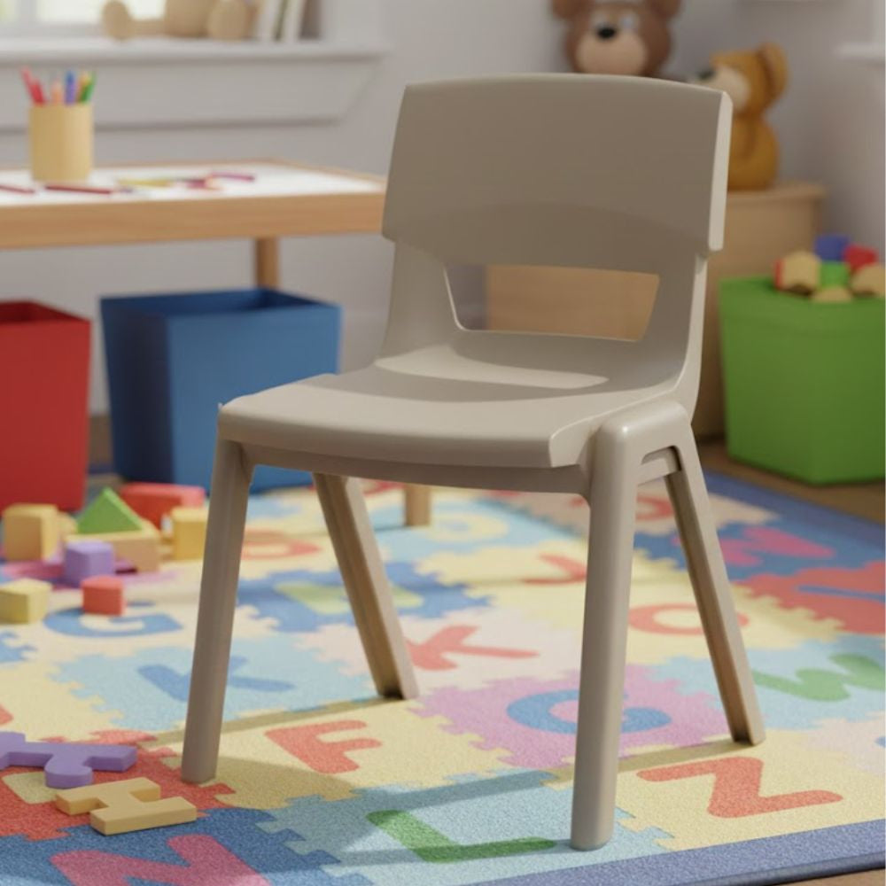 
Child-friendly beige plastic chair in a colourful playroom with alphabet rug and foam toys
