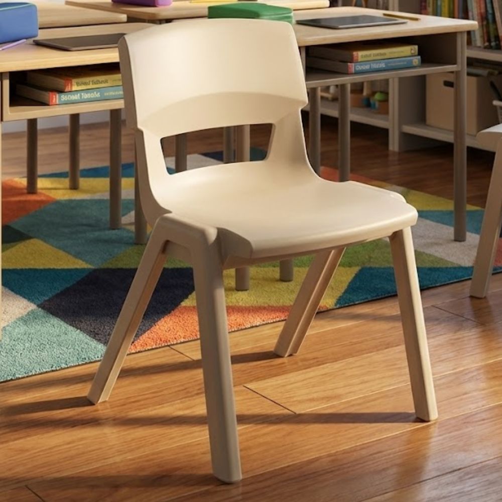 
Beige plastic school chair with curved backrest, set on geometric rug in a bright classroom

