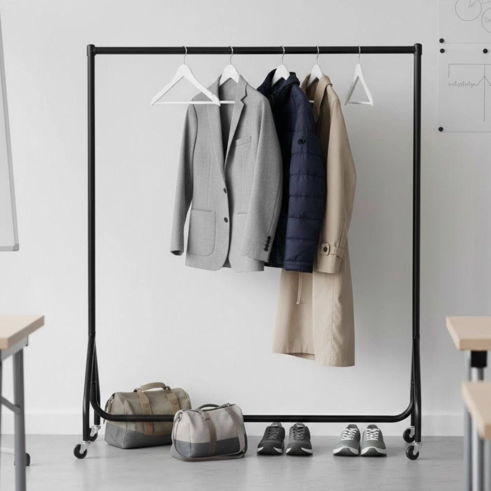 Black 5ft wheeled clothes rail holding smart and casual outerwear on hangers, with bags and shoes neatly placed beneath in a modern interior.