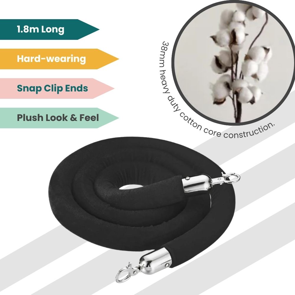 Black crowd control rope with snap clips and cotton core, designed for plush event barriers.