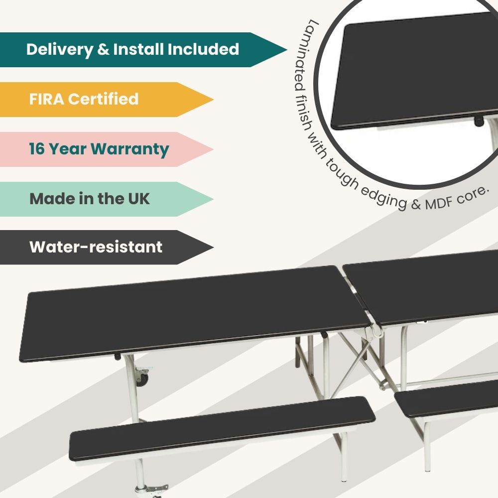 Black folding school canteen bench table with durable laminated finish, water-resistant surface, and long-term warranty.
