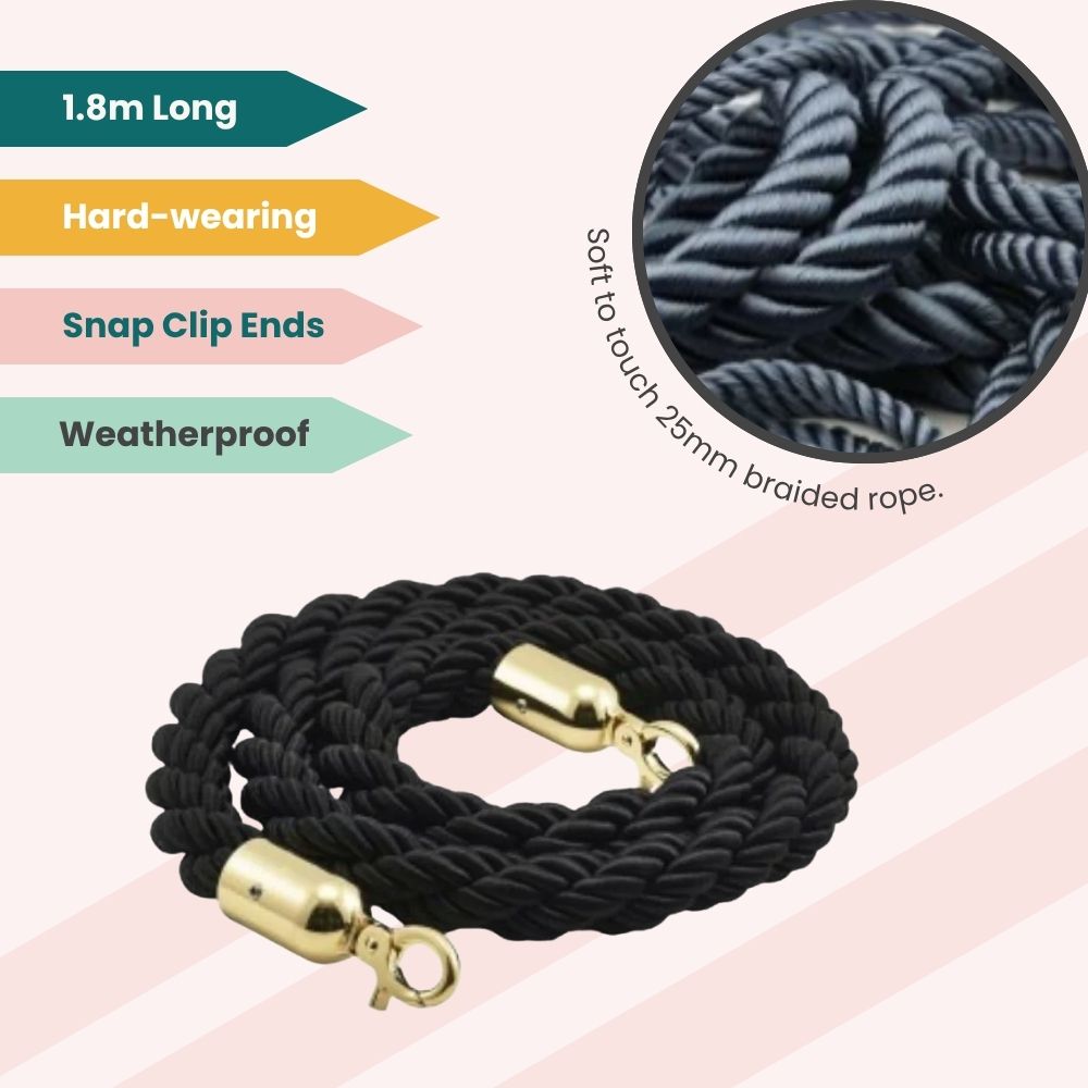 Black braided rope with gold clips and soft finish, designed for durable outdoor barrier use.