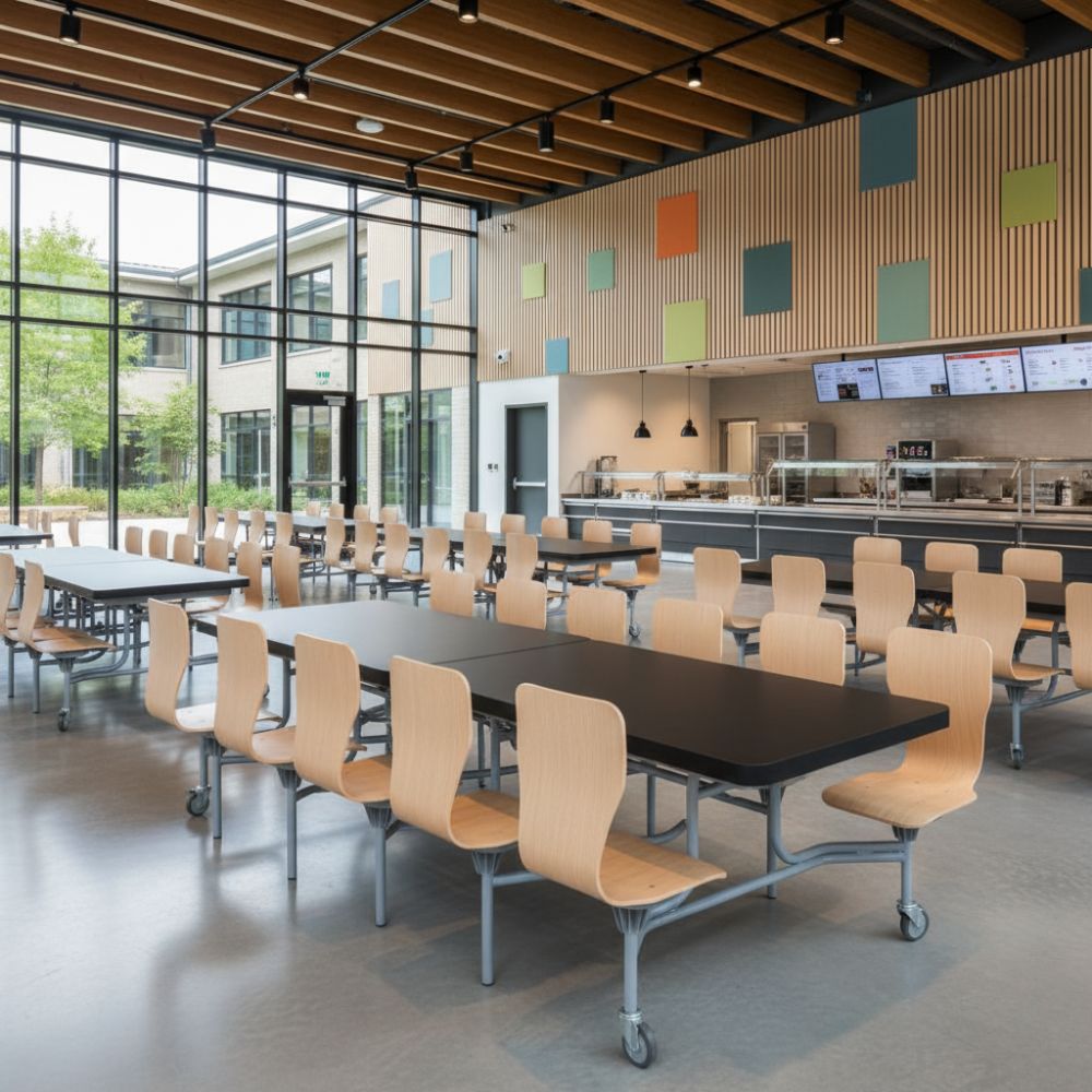 Contemporary school refectory with black tables and fixed pale wood chairs on casters, beneath a slatted wooden ceiling and colourful acoustic panels.