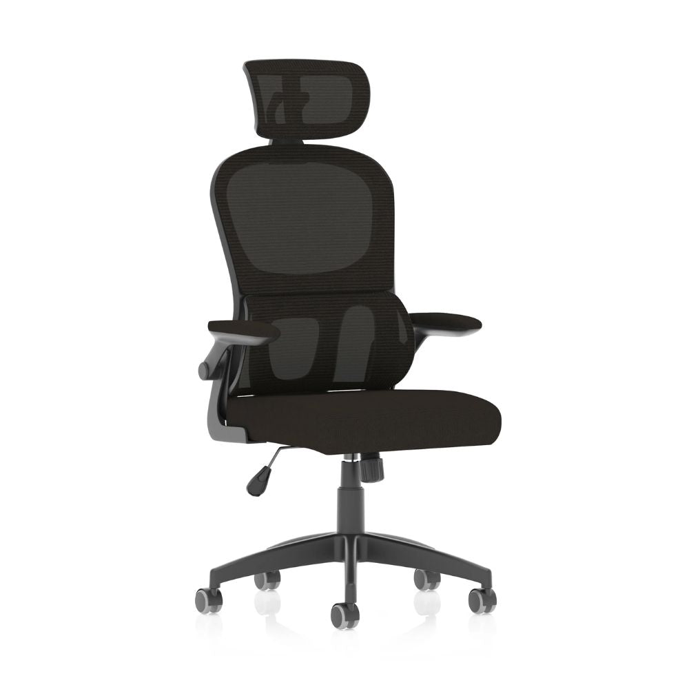 Black ergonomic office chair with breathable mesh backrest, adjustable headrest, padded seat, armrests and five-star wheeled base isolated on a white background.