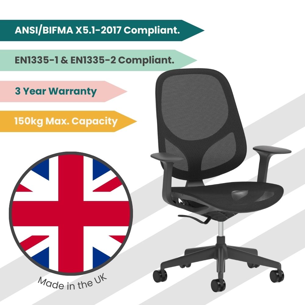 Black mesh ergonomic office chair made in the UK, featuring adjustable armrests, 150kg maximum capacity, three year warranty and EN1335 and ANSI BIFMA compliant design for professional office environments.