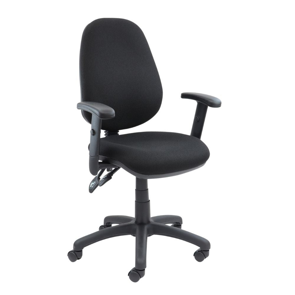 Ergonomic office chair in black with cushioned seat and backrest, adjustable armrests, and under-seat lever for tilt and height control. Five-wheel base ensures mobility for workplace or home office use.