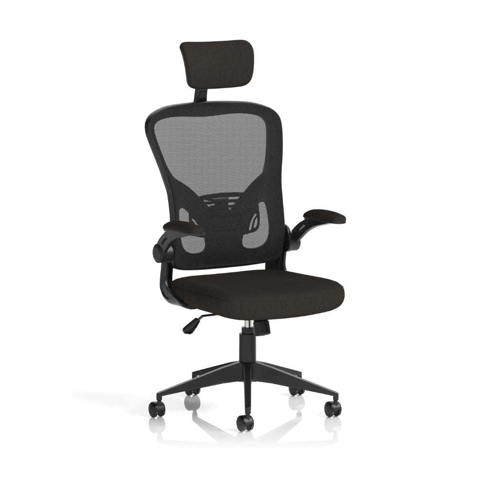 Black ergonomic office chair with breathable mesh backrest, adjustable headrest, padded seat, armrests and five-star wheeled base isolated on a white background.