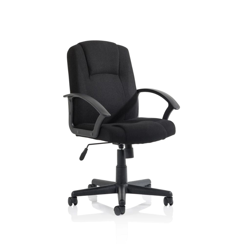 Black fabric executive office chair with cushioned high back, padded seat, curved armrests and five-star wheeled base isolated on a white background.