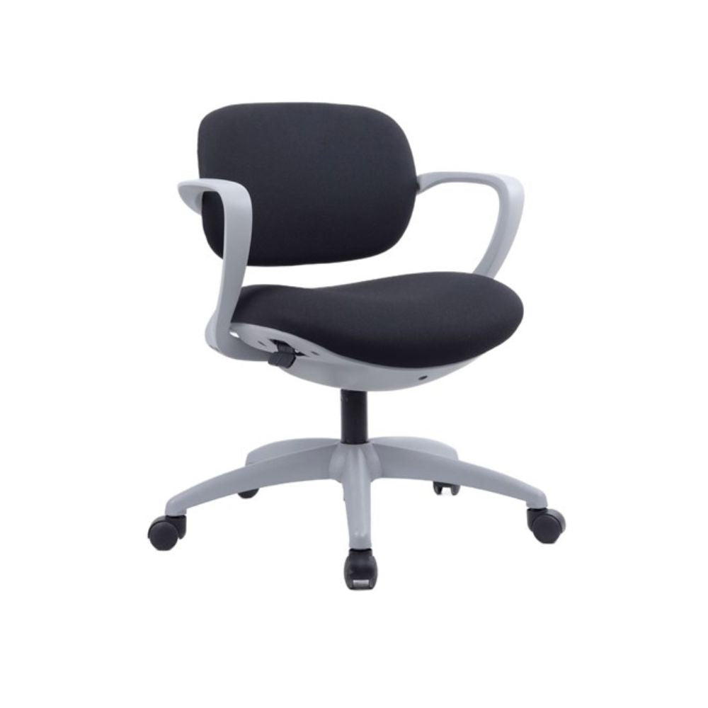 Black fabric office chair with padded seat and backrest, grey plastic frame and armrests, height-adjustable swivel base with five castor wheels on a white background.