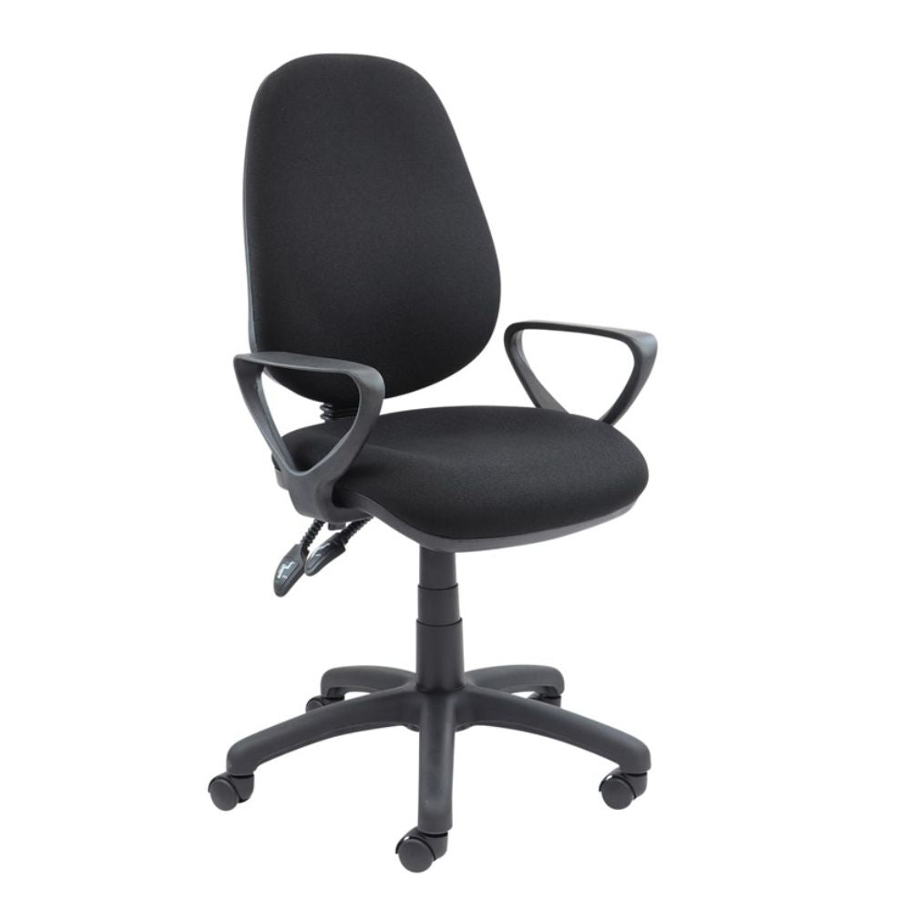 Black fabric operator office chair featuring a cushioned backrest and seat, black armrests, twin lever adjustment and height-adjustable five-star base with castor wheels, isolated on a white background.
