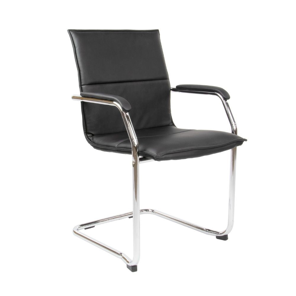 Modern office chair with black faux leather seat and backrest, chrome cantilever frame, and padded armrests. Designed for conference rooms and reception areas, combining ergonomic comfort with minimalist style.