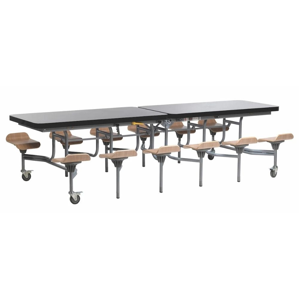 Black folding cafeteria table with oak finish lipped seats and grey metal frame on wheels, designed for school dining halls and workplace canteens