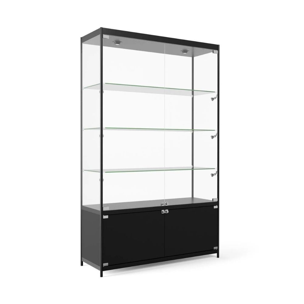 Large black showcase featuring multiple glass tiers, secure locking system, and integrated LED lighting for professional displays.