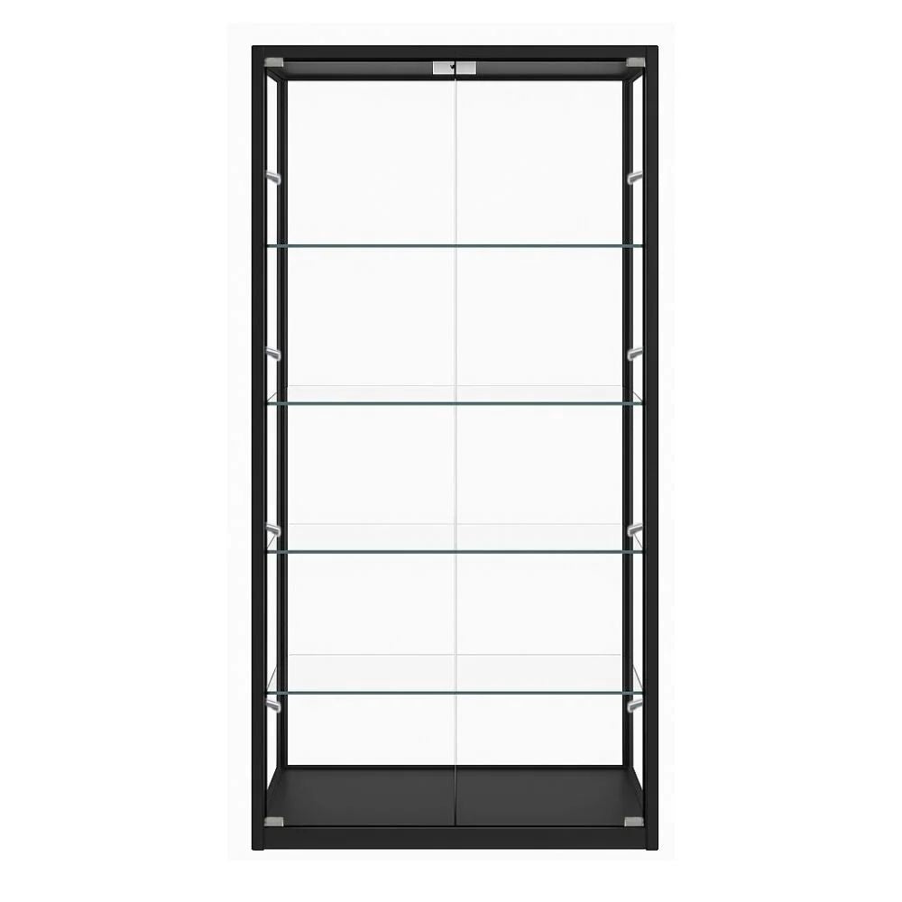 Front view of a black glass display cabinet with four tempered shelves, double doors, and integrated LED spotlights.