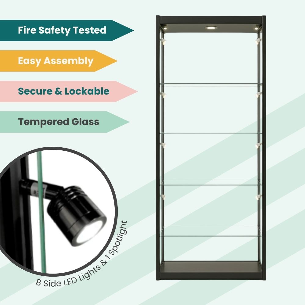 Black glass display case with multiple shelves, side LED lights, and simple assembly instructions.