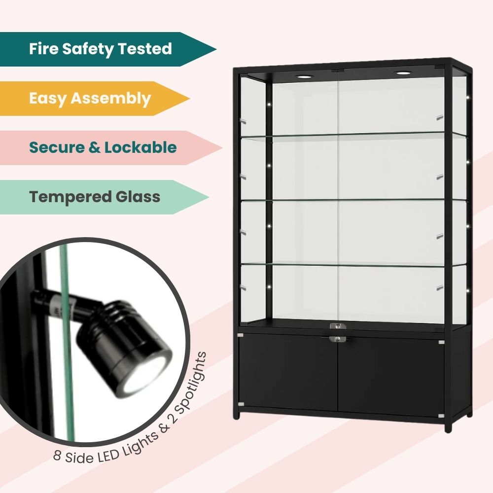 Modern black showcase with tempered glass panels, secure locking system, and energy-efficient LED lighting for enhanced product visibility.