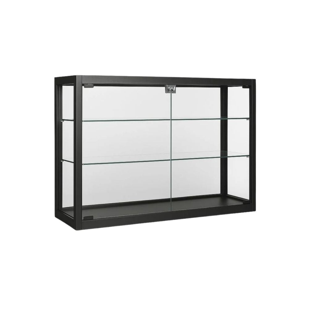 Black glass cabinet with two shelves and lockable front, ideal for secure display of collectibles or merchandise.