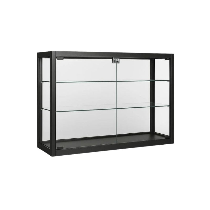 Black glass cabinet with two shelves and lockable front, ideal for secure display of collectibles or merchandise.