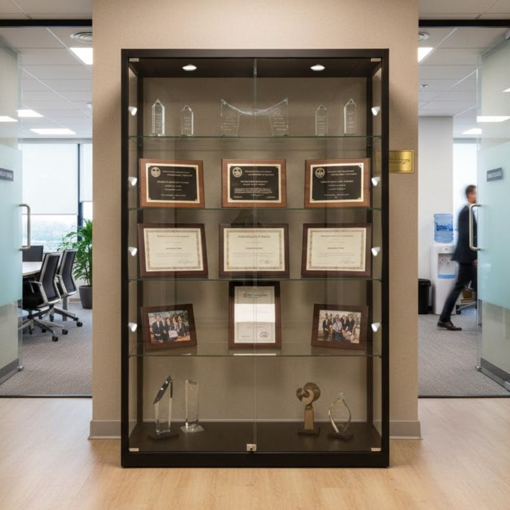 Black framed glass display cabinet featuring corporate awards, glass trophies, framed certificates and team photographs, positioned in a modern office environment.